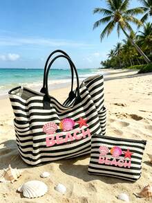 1/2件組條紋托特包與化妝包套裝，印花「Beach」圖案，適合度假、旅行、通勤、購物，送給家人與朋友的禮物 - 彩色 - 查看 10