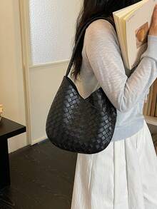 新款高端紋理編織時尚休閒大容量通勤女款隨性手提包 - 黑色 - 查看 6