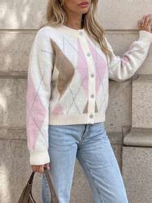 Cardigan Wanita Motif Berlian dengan Kancing Depan, Lengan Panjang, Panjang Standar, Atasan Rajut Elastis Sedang, Cocok untuk Dipakai di Musim Gugur/Musim Dingin - MultiWarna - View 5