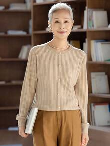 女款時尚灰褐色鈕扣開襟衫，柔軟羅紋針織毛衣，適合萬聖節、感恩節、聖誕節節日穿搭 - 卡其色 - 查看 2
