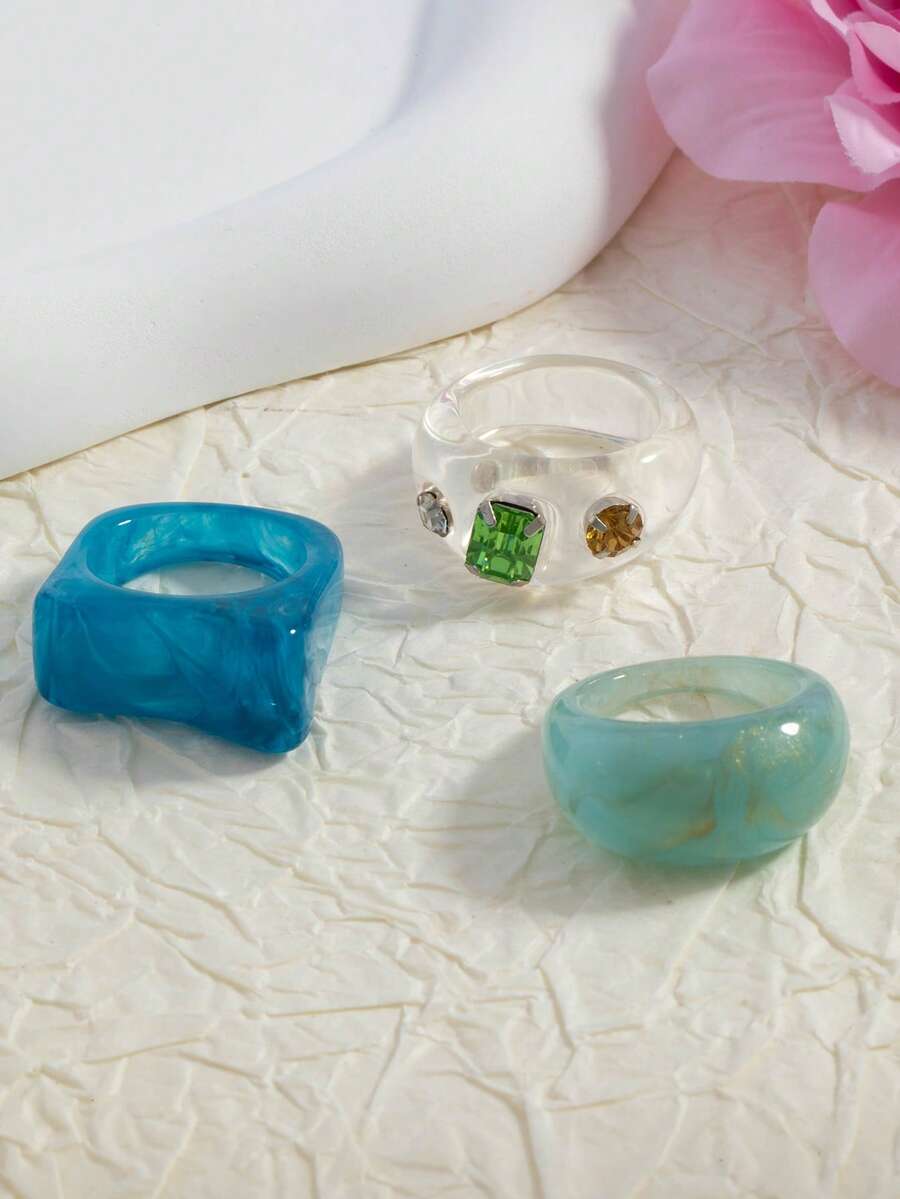 3 piezas/Set Anillos de moda elegantes minimalistas con incrustaciones de strass de colores frescos, adecuados para el uso diario y fiestas de mujeres - Multicolor - Ver 1