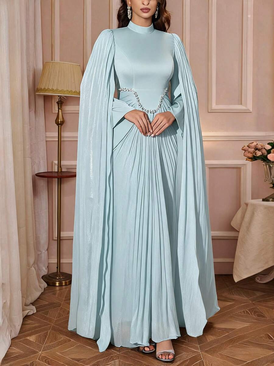 Solessence فستان طويل أنيق للنساء بلون موحد وياقة واقفة، تصميم خصر مزين بالخرز والتجاعيد، أكمام طويلة وحافة انسيابية، قماش ناعم للحفلات والزفاف - أخضر نعناع - مشاهدة 1