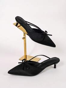 Black Satin Thin Strap Bow Pointed Toe Kitten Heel Mule Slippers Women's Low Heel Commuter All-Season Shoes - Black - View 7