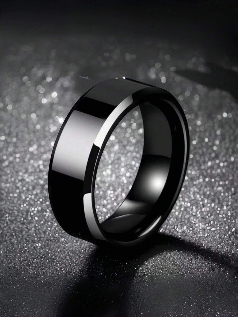 1pc Men's Fashion Classic Stainless Steel 6MM Polished Ring, Hypoallergenic Waterproof Minimalist Daily Stacking Jewelry Gift - Black - View 1