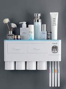 Bathroom Toothbrush Holder 2/3/4 Cup Wall-Mounted With Toothpaste Squeezer, Large Capacity Bathroom Storage Organizer, Easy Installation And Use, Fashionable Bathroom Accessory Set, Bathroom Decor - Grey - View 16