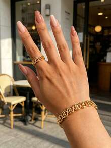 1 Set Exquisite Geometric Zirconia Open Bangle & Ring Set, Suitable For Women's Daily Wear, Holiday Gift - Yellow Gold - View 3