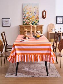 1pc Orange Velvet Ruffle Edge Tablecloth, American Country Style Simple Decorative Dining Table Cloth, Rectangular Coffee Table TV Cabinet Entryway Multi-Functional Cover, Suitable For Holiday Gathering Birthday Party Wedding Dinner Table Decoration Room Decoration Office Desk Coffee Table Mat Outdoor Picnic Mat Home Decor Room Decoration All Seasons - Orange - View 2