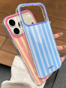 Cute Color Block Stripes Pattern Glossy Soft Phone Case Compatible With IPhone 17ProMax 17 16 15 14 13 Pro Max 17Pro Shockproof Cover - Pink and Yellow Stripes - View 3