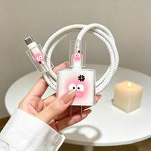 4件組適用於 18W/20W原裝充電器保護套 TPU軟殼防摔，卡通可愛大眼憤怒表情蘋果快充頭數據線保護套防斷，USB-C轉Lightning接頭保護套，線材收納繩，手機配件裝飾，送女友理想禮物 - 粉色生氣表情包 - 查看 2