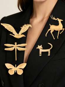 SUPBORA 1pc Fashionable Silver/Gold Color Bird Deer Dragonfly Cat Butterfly Brooch Pin, Animal Insect Lapel Pins For Women Dresses Coats Sweaters Jewelry - Gold and Silver - View 1