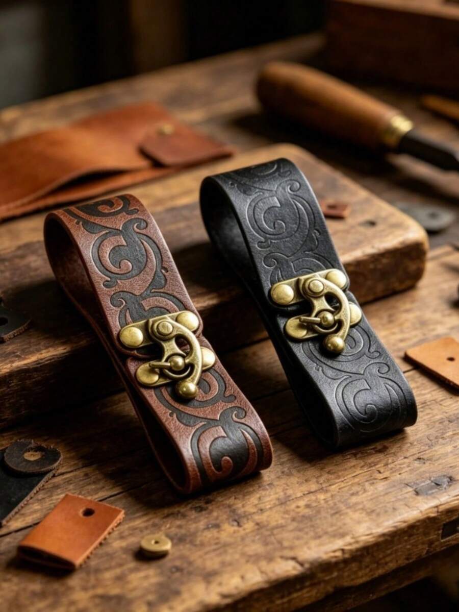 Vintage Scroll Pattern Faux Leather Waist Hanging Belt,Medieval Style Belt Hanging Pouch,Halloween Medieval Traveler Cosplay,Vintage Styling Accessory - A - View 1