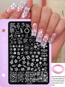 7Pcs Nail Stamping Plates Set With Pink Alloy Buckle, Stainless Steel Nail Art Template With Cherry Blossom Plaid Check Lace Mesh Heart Bow Music Note Pattern, Sweet Y2K Girly Nail Stamp Plate With Metal Rings For Salon DIY Manicure Accessories - Multicolor - View 2