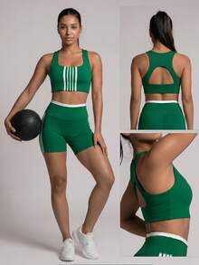 Sodalemon Women's Colorblock Front Striped Sports Bra With Hollow Back, Removable Pads, High Support For Gym, Yoga, Training, Tennis And Workout - Green - View 8