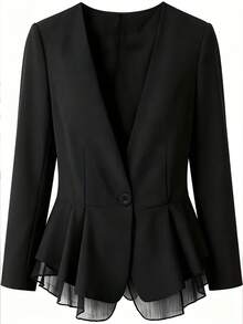 Blazer Wanita Elegan Warna Hitam dengan Hem Asimetris dan Ruffle, Trim Renda Kontras, Lengan Panjang, Bahan Poliester, Jaket Musim Gugur - Hitam - View 8