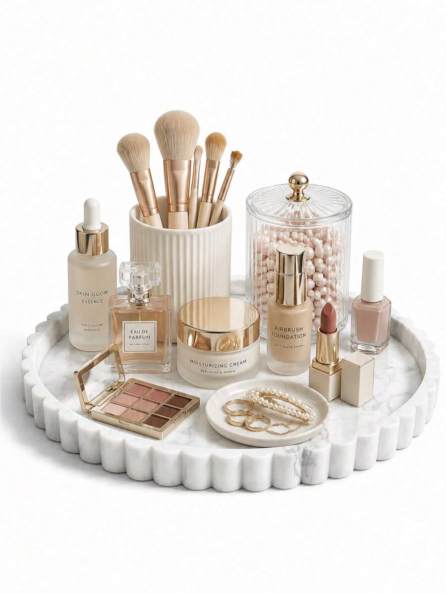 Round Silicone Vanity Tray 9 Inch / 12 Inch Scalloped Organizer | Decorative Tray For Bathroom Counter, Perfume Candle Soap Makeup Vanity Centerpiece Dresser Living Room Decor