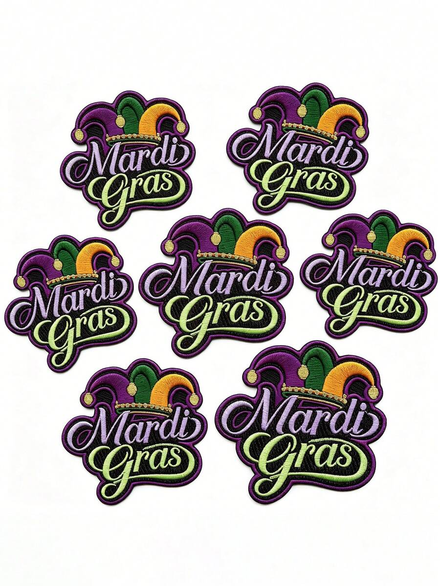 1pc/2pcs/3pcs/4pcs/7pcs Mardi Gras Script Patch Celebration Jester Hat Embroidered Iron-On - Multicolor - View 1
