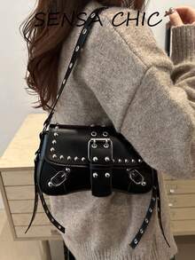 Solid Black Studded  Style Shoulder Bag, Front Buckle Flap Design Detachable Rivet Strap Fashion Night Out Bag - Black - View 1