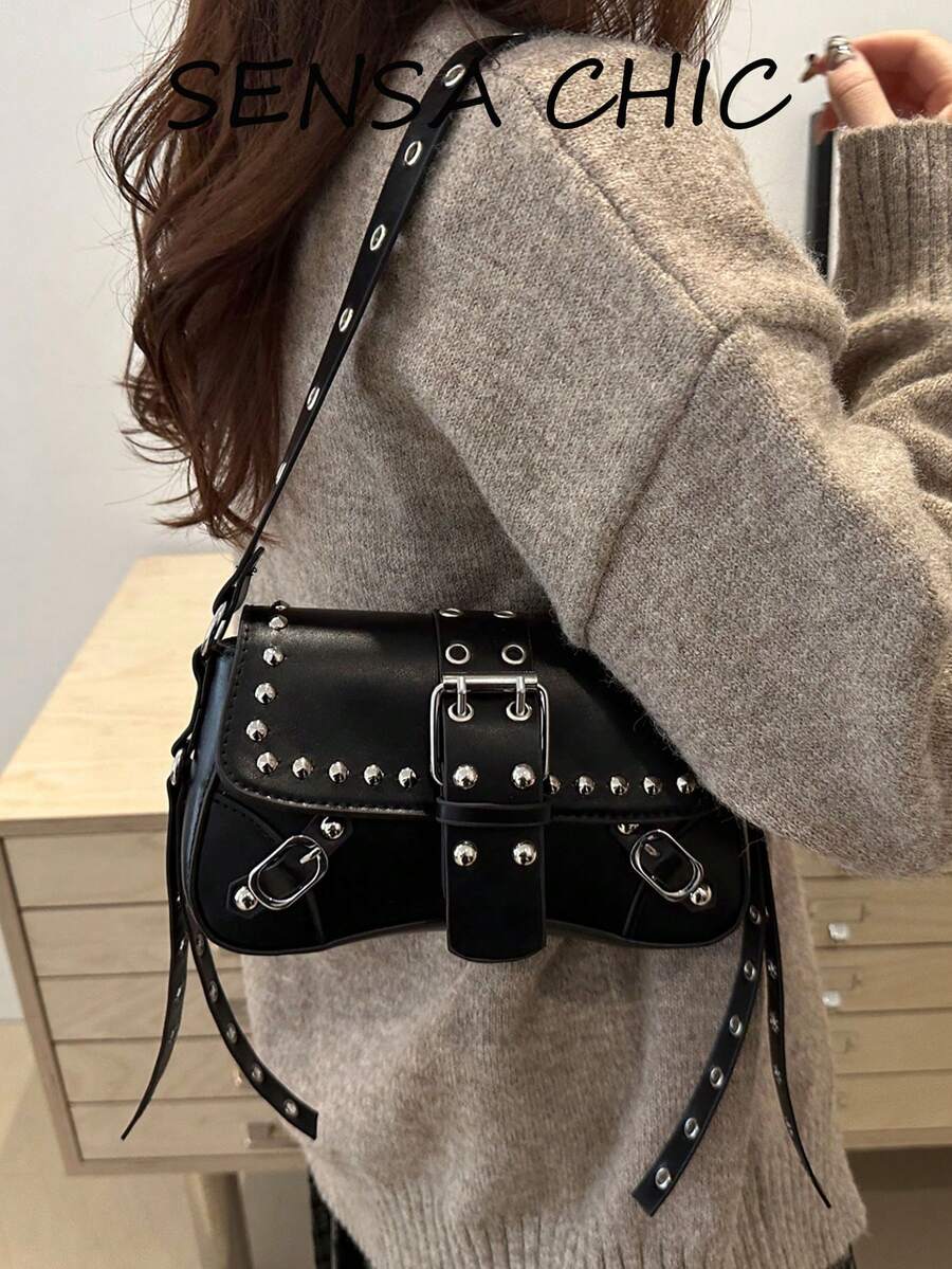 Solid Black Studded Style Shoulder Bag, Front Buckle Flap Design Detachable Rivet Strap Fashion Night Out Bag - Black - View 1