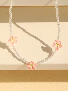 1pc Delicate Cute Pink Plumeria Beaded Collarbone Necklace, Suitable For Women's Daily Wear, Party, Outing - beaded necklace - View 2