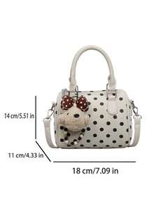 Low Tea 1pc Polka Dot PU Fabric Handbag, Women's Vintage Fashion Bowling Bag, Top Double Handle Design, Zipper Closure, Shoulder Strap For Shoulder, Crossbody, Hand Carry, Suitable For Commuting, Outdoor, Travel, Outing (With Pendant) - Black and White - View 3