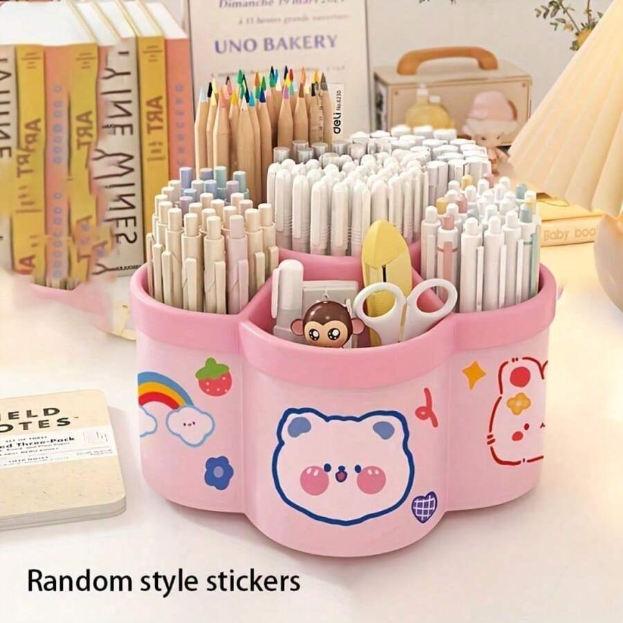 1pc 360° Rotating Desktop Storage Box, 6-Compartment Plastic Office Supplies Organizer, Makeup Brush And Pen Holder, Desktop Organizer Rack, Desktop Storage Box, Suitable For Office, Bathroom, Vanity - A - View 1