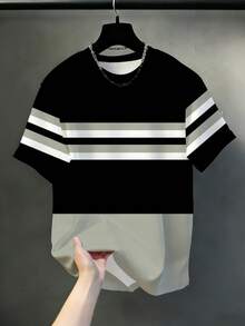 Plus Size Men's Black & Gray Three-Section Color Block Layered Horizontal Stripe Crew Neck Short Sleeve T-Shirt, Plus Size Men's T-Shirt Sports Summer - Black - View 3