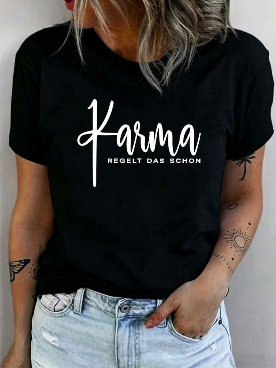 1 pièce T-shirt décontracté en coton Karma Regelt Das Schon, haut à manches courtes pour les sports de plein air et le fitness - Noir - Voir 1