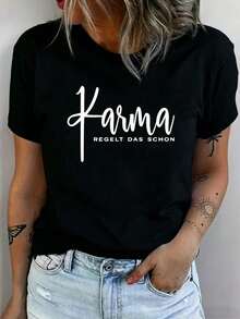 1 pièce T-shirt décontracté en coton Karma Regelt Das Schon, haut à manches courtes pour les sports de plein air et le fitness - Noir - Voir 9