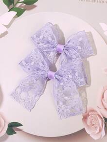 2件裝純色蕾絲蝴蝶結髮夾，紫色刺繡花朵髮夾，女童優雅婚禮派對髮飾，仙女風髮夾，嬰兒髮飾 - 紫色 - 查看 7
