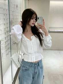 Elegant Gentle V-Neck Frill Trim Cinched Waist Casual Blouse For Women - White - View 2