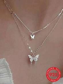 1pc S925 Sterling Silver Mori Style Fresh Double Layer Tassel Butterfly Pendant Necklace, Women's Minimalist Elegant Elegant Light Luxury High-End Personalized Exquisite Niche Fashion Versatile Neck Accessory, Valentine's Day Gift - Butterfly - View 14