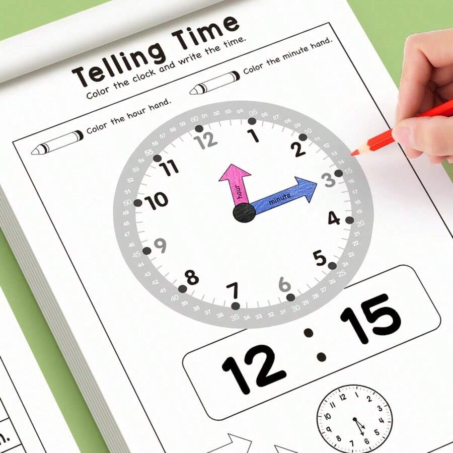 1pc Math Clock Time Practice Book + 12pcs Colored Pencils, Math Work, Telling Time Book, Arithmetic Textbook, Suitable For Home Or Educational Settings, Paper Product, Birthday, Easter And Christmas Gift - Set - View 1