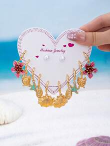 6Pairs Assorted Stackable Earring Pack, Gold C-Hoop Dangle Earrings With Enamel Fish & Marine Animal Pendant, Women's Summer Daily Sweet Accessories - Pink Flowers - View 12