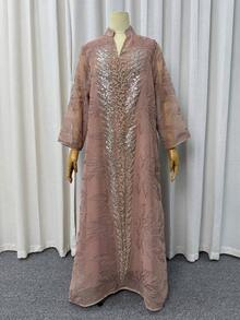 女款亮片珠飾刺繡鏤空領口長袖A字洋裝，優雅時尚度假秋季連身裙 - 藕粉色 - 查看 5