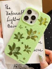 Casing Ponsel Mewah Motif Aurora Hijau Bunga Lili Kupu-kupu Bintang Kompatibel dengan iPhone 17 Pro Max 17 Pro 17 16 15 14 13 Pro Max Plus 15 Hijau Muda Pola Bunga Vintage Timbul Tekstur Riak Air Tidak Beraturan Berkilau - Hijau - View 7