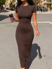 Vaiaye 女款圓領短袖抓褶緊身長洋裝，適合秋季日常返校休閒街頭風，夏季棕色優雅款 - 棕色 - 查看 11