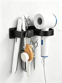 1 pièce Support de sèche-cheveux, support de sèche-cheveux avec crochet pour serviette, support de rangement mural pour outils de coiffure, support de rangement de salle de bain sans perçage, convient pour sèche-cheveux, lisseur et fer à friser, organisateur d'accessoires pour cheveux, avec étagère, ornement décoratif suspendu, accessoire de salle de bain, décoration de la maison, support de rangement mural - Multicolore - Voir 4
