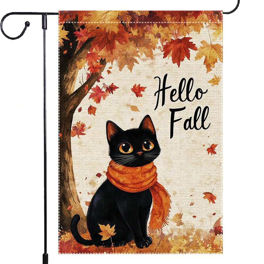 1pc Welcome Autumn Cat Garden Flag, Double-Sided 100% Polyester, Vintage Farmhouse Style Autumn Pumpkin Outdoor Decor, Small Yard Lawn Porch Outdoor Decorative Flag - B - View 1