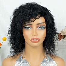 AMECIRE Curly Wig Pixie Cut Wig Human Hair Wigs Water Wave Wig Black Long Wigs For Women Fluffy Shape Elastic Mesh Cap Suitable For Everyday Wear - Natural Black - View 7