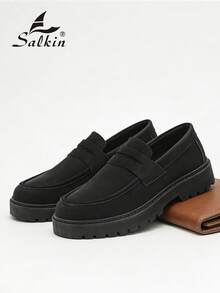 Salkin 男士極簡設計一腳蹬樂福鞋 Penny 款粗齒厚底鞋 平價奢華休閒鞋 正品品牌 柔軟素色麂皮鞋面 舒適莫卡辛鞋 學院風學生鞋 厚底增高鞋 日常走路鞋 男士情侶約會出遊 百搭派對宴會度假禮物 適合四季 - 黑色 - 查看 7