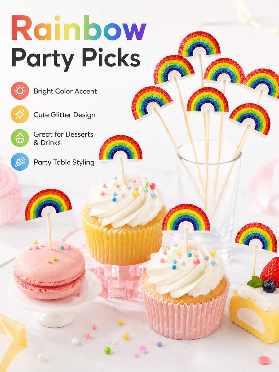 25/50/100pcs Rainbow Cupcake Toppers, Fruit Snack & Cocktail Drink Decor, Colorful Cake Decoration Sticks, Suitable For Birthday, Wedding, Summer Party & Dessert Table Decoration - Multicolor - View 1