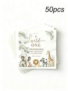 Custom Jungle Wild Animal Theme Birthday Napkins - Personalized "Wild One" 1st Birthday Napkins, Cute Watercolor Animal Baby Shower Table Decor, Boy/Girl Birthday Decorations - Multicolor - View 9