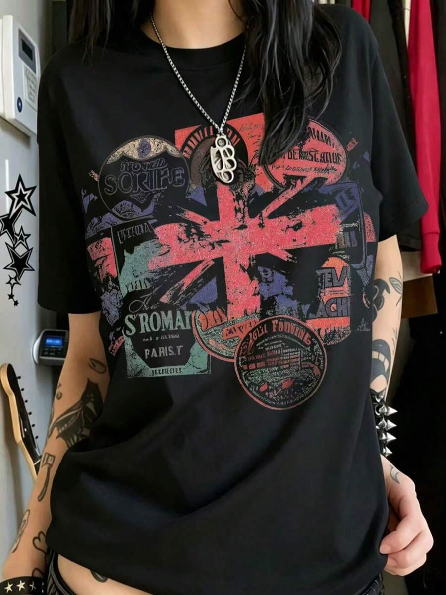 Vintage Union Jack Stamp Collage Oversized Tee, 100% Cotton Breathable, Street Style Casual Wear, Great Gift For Travel & Retro Fashion Lovers - 黑色 - 查看 1