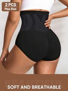 2 piezas Leggings moldeadores de talla grande para mujer, cintura alta, control de abdomen, sin costuras, pantalones adelgazantes de unicolor - Negro - Ver 6