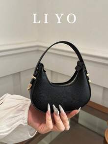 Mini Cute Solid Black Handbag For Women, Fashionable High-Quality Lightweight Crescent Shaped Shoulder Bag , Cute - Black - View 2