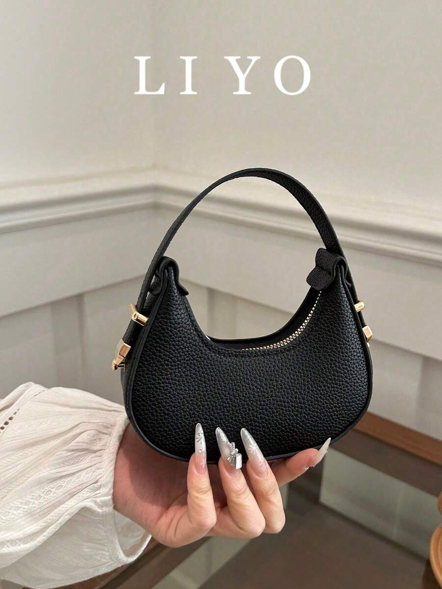 Mini Cute Solid Black Handbag For Women, Fashionable High-Quality Lightweight Crescent Shaped Shoulder Bag , Cute