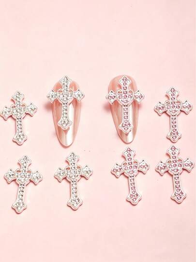 10 pezzi Ciondoli per unghie con croce in strass, accessori per unghie fai-da-te in lega metallica 3D con strass