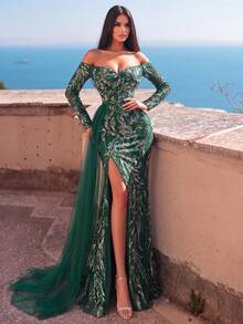 Faeriesty Elegant Floral Embroidered Mermaid Dress: Luxury Open Shoulder Evening Gown Party Wedding Vacation Fall - Dark Green - View 4