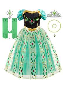 8pcs Girls Green Short Sleeve Floral Pattern Dress Crown Accessory Set, Children's Role Play Dress Set, Girls Party Halloween Christmas Carnival Costume Set - Green - View 1
