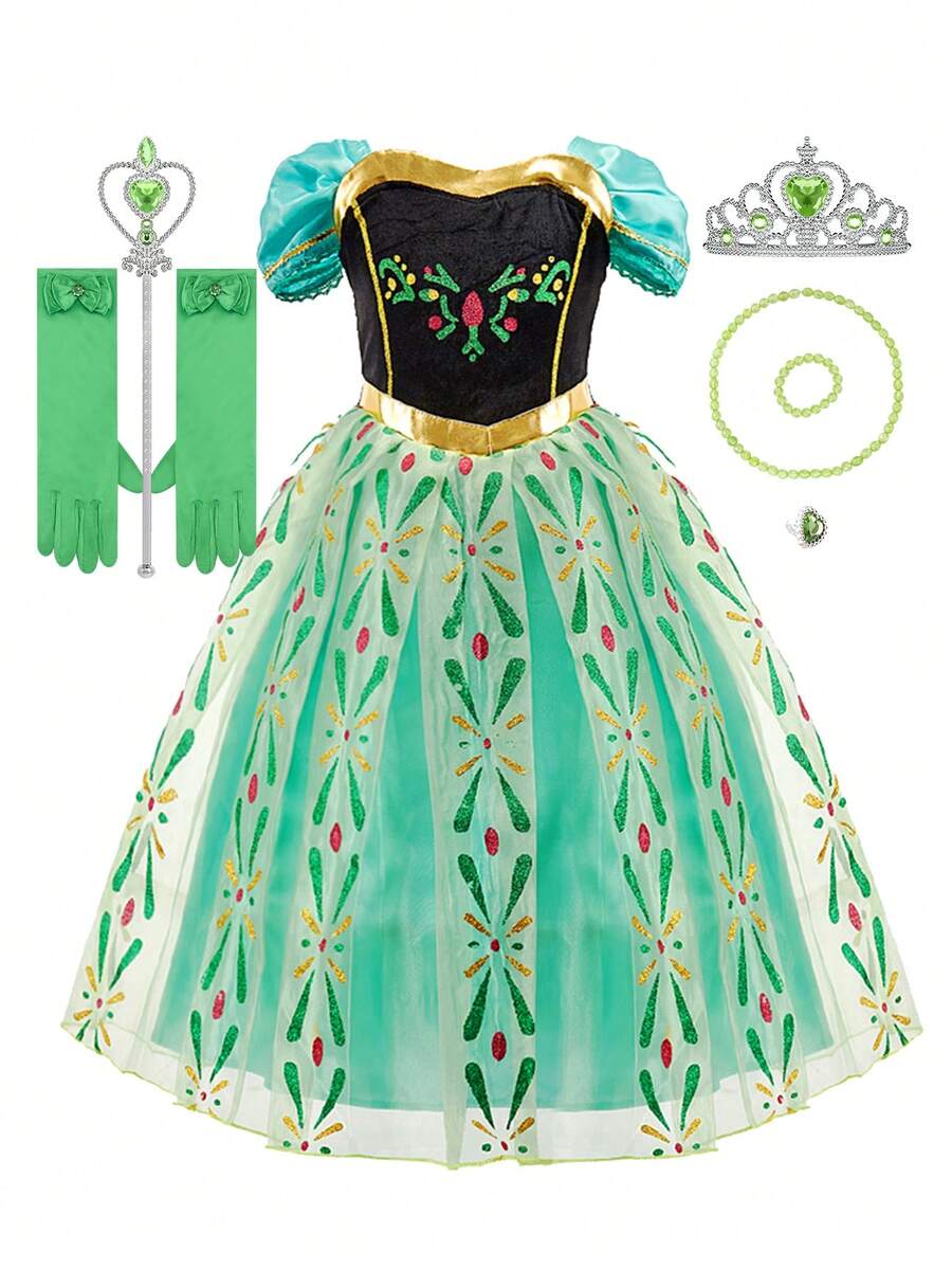 8pcs Girls Green Short Sleeve Floral Pattern Dress Crown Accessory Set, Children's Role Play Dress Set, Girls Party Halloween Christmas Carnival Costume Set - Green - View 1